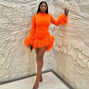 Maryzo Designs Orange Dress with Ostrich Feathers Medium